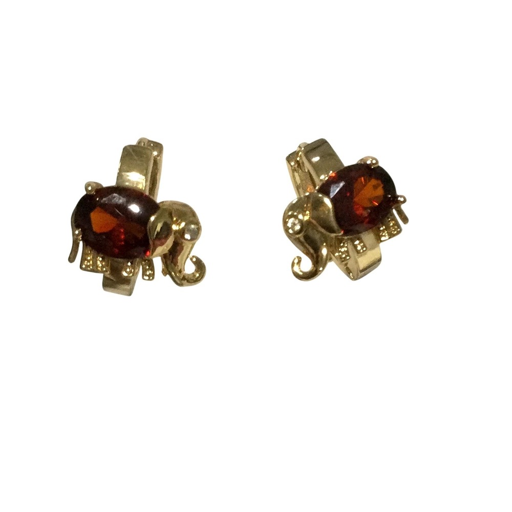 Gold Laminated Tone Elephant‎ Earrings with Red Gemstone Accent Animal Jewelry